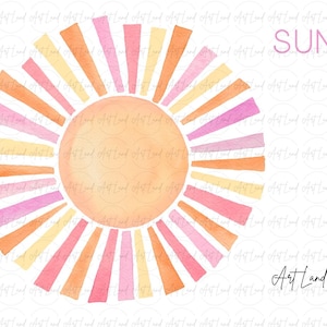 Clipart de sol retro en acuarela, arte de sol de verano pintado a mano, ilustración de sol bohemio rosa y amarillo, descarga digital vibrante, PNG