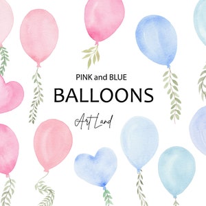 Aquarell Ballons Clipart, Rosa und Blauer Aquarell Ballon, Herz Ballon, handgemalte Aquarell Ballons, grüne Elemente, PNG