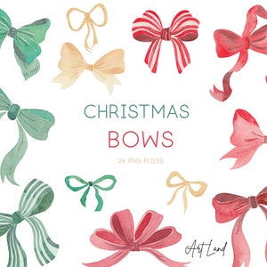 Christmas Bows Clipart, Hand painted Holiday Bows Digital, Watercolor Clipart, Green Red Ribbon Clipart, Watercolor Clip Art, PNG