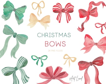 Christmas Bows Clipart, Hand painted Holiday Bows Digital, Watercolor Clipart, Green Red Ribbon Clipart, Watercolor Clip Art, PNG