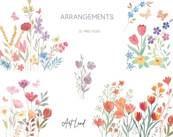 Watercolor Wildflower Arrangements Clipart – 10 Hand-Painted Botanical Flowers (PNG, Digital Download, Free Commercial Use)