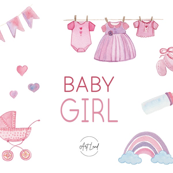 BABY GIRL watercolor Clip Art elements, baby carriage, nursery, clothes, shoes, dress, milk bottle, rainbow, heart, Clip Art, PNG