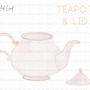 May include: A watercolor illustration of a white teapot and lid. The teapot has a rounded body and a spout. The lid is round and has a knob on top.