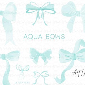 Watercolor Aqua Bows Clipart – 18 Hand-Painted Ribbon Bows PNG, Gift Bow Clipart Set, High-Resolution Digital Art, Instant Download