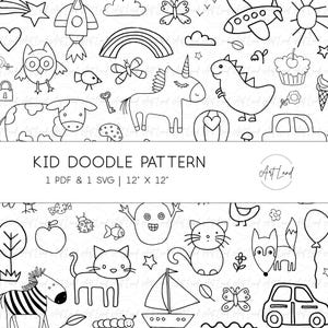 Puede incluir: Patrón de garabatos infantiles en blanco y negro con ilustraciones de un unicornio, un dinosaurio, un búho, un coche y un avión. Se muestra el texto "KID DOODLE PATTERN", junto con las dimensiones de 30,48 cm x 30,48 cm.