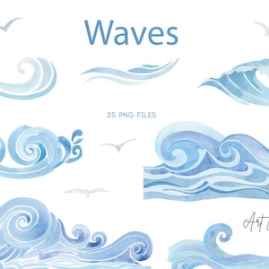 Watercolor Waves clipart, hand painted watercolour digital waves, blue, summer, ocean illustration, summer beach clip art, PNG