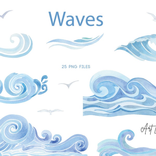 Aquarel Golven clipart, handgeschilderde aquarel digitale golven, blauw, zomer, oceaanillustratie, zomer strand clip art, PNG
