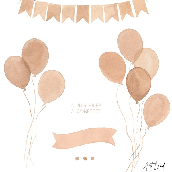 Watercolor Boho Party Clipart, Hand Painted Watercolour Balloons, Balloons Clipart Set, Birthday boho Clipart,  PNG