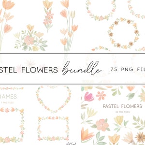 Watercolor Pastel Flowers Clipart Bundle – 75 Hand-Painted Floral Frames & Borders PNGs for DIY Crafts, Invitations, Free Commercial Use