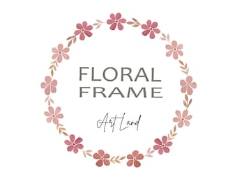 May include: A watercolor floral wreath with pink flowers and brown leaves. The text "FLORAL FRAME ArtLand" is in the center of the wreath.