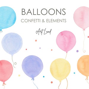 Watercolor Balloons Clipart, Birthday Clipart, Watercolor Balloon, Confetti Party, Hand Painted Watercolour Balloons, PNG
