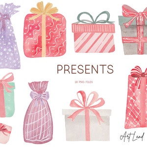 Watercolor Presents Clipart: 18 Hand-Painted Party Graphics (PNG, Digital Download, Free Commercial Use, No-AI)