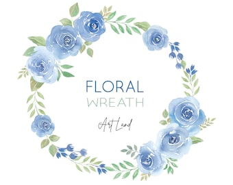 May include: A watercolor wreath of blue roses and green leaves. The wreath is circular and has the text "FLORAL WREATH Art Land" in the center.