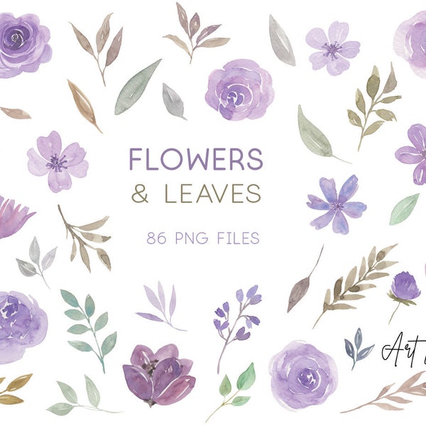 Watercolor Purple Lilac Roses and Leaves Clipart, Watercolour Clip Art Digital Download Free Commercial Use PNG, Clipart Set Purple Lilac