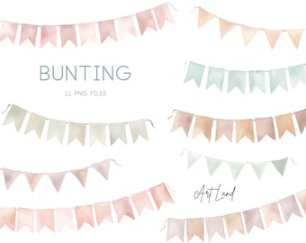 Watercolor Buntings Clipart: 11 Hand-Painted Boho Pastel Flags (PNG, Digital Download, Free Commercial Use)
