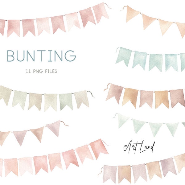 Watercolor Boho Bunting Clipart, Hand Draw Butting, Birthday Bunting Clipart, Hand painted Watercolour Clipart, Pastel Color Clip Art, PNG