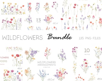 Op de afbeelding: Een digitale illustratibundel met 135 aquarel-wilde bloemen in verschillende kleuren, waaronder roze, paars, blauw, geel en rood. De bundel bevat individuele bloemen, bloemstukken en randen. De tekst "WILDFLOWERS Bundle 135 PNG FILES" wordt bovenaan de afbeelding weergegeven.