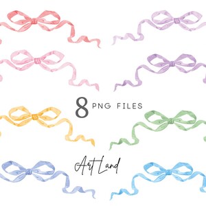 May include: Eight watercolor illustrations of pastel-colored bows with flowing ribbons. The bows are in pink, purple, yellow, green, blue, light pink, light blue, and peach. The text "8 PNG FILES" and "ArtLand" are also included in the image.