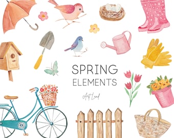 Clipart printanier aquarelle - 40 fichiers PNG peints à la main pour travaux manuels, fleurs, gants, tulipes, clôture, canette, parapluie, vélo, usage commercial gratuit
