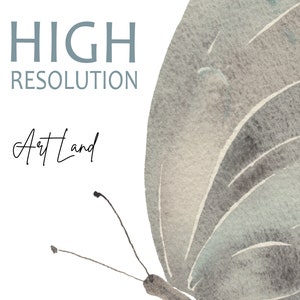 May include: A watercolor painting of a butterfly with gray and blue wings. The butterfly is in the upper right corner of the image. The text "HIGH RESOLUTION" and "Art Land" is in the lower left corner of the image.