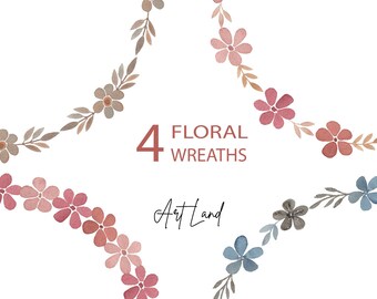 Flowers Wreaths Clip Art, Floral Frame, Boho Floral Wreath Clipart, Hand painted Watercolour Clipart, Watercolor Clipart Frame Set, PNG