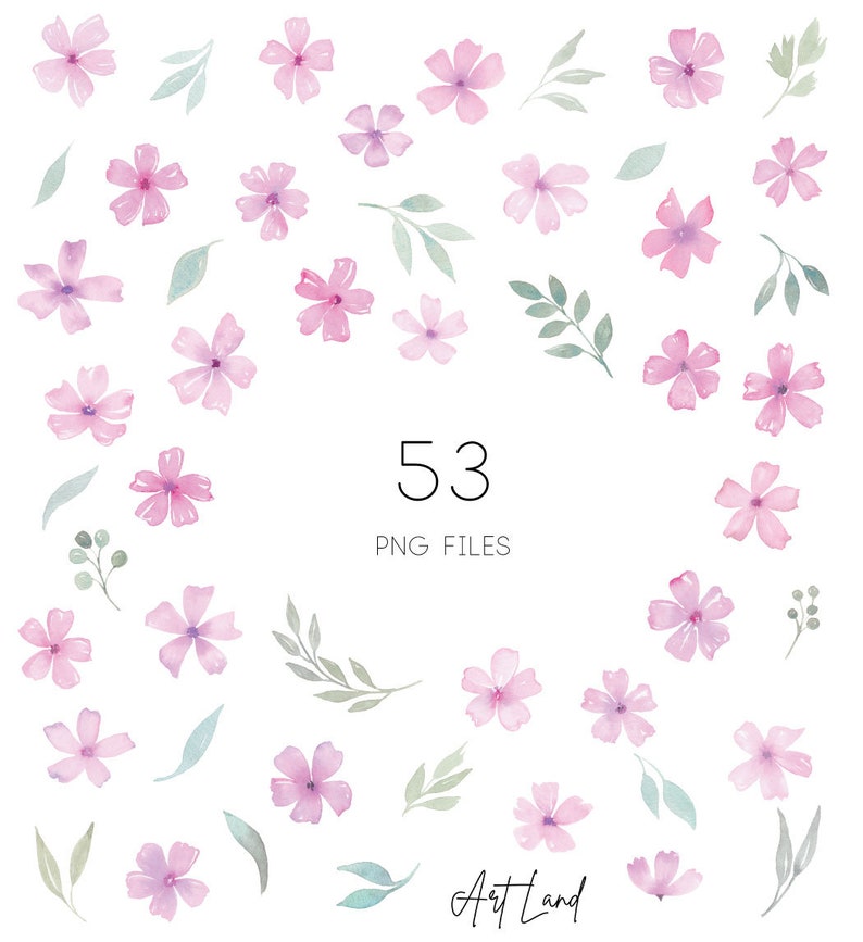 May include: A collection of 53 watercolor illustrations of pink flowers and green leaves. The illustrations are arranged in a random pattern on a white background. The text "53 PNG FILES" is in the center of the image.