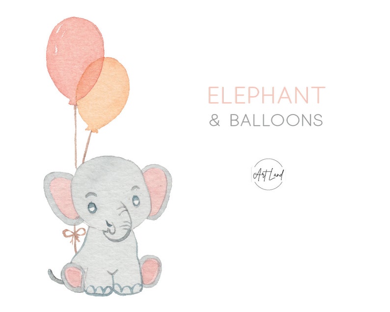 Watercolor Elephant With Balloons Clipart – 1 Hand-painted PNG for DIY ...