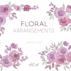 May include: A set of 13 watercolor floral arrangements featuring purple and pink flowers with green leaves. The text "FLORAL ARRANGEMENTS" and "13 PNG FILES" is included in the image.