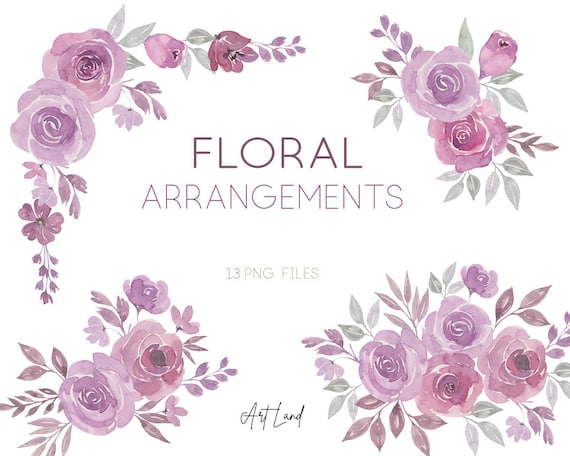 Watercolor Mauve Roses Bouquet Clipart Set – 13 Hand-Painted Floral Arrangement PNGs for DIY Crafts, Invitations, Free Commercial Use