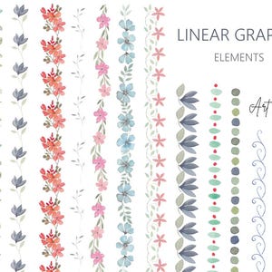 以下が含まれることがあります： 水彩の線形グラフィック要素10個セット。花柄、幾何学模様、抽象的なデザインが含まれています。要素は青、緑、赤、ピンクの色合いです。画像の上部に「LINEAR GRAPHIC ELEMENTS」というテキスト、右下に「Art Land」というテキストがあります。
