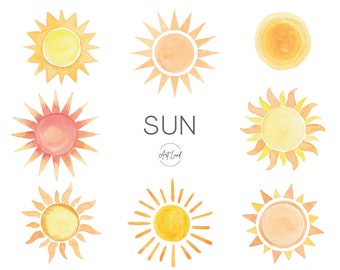 Watercolor Sun clipart, Hand Painted watercolour digital Sun, bestseller,Hand drawn sun, Summer, Bestseller, Watercolor Clip Art, PNG