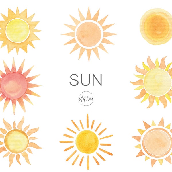 Watercolor Sun clipart, Hand Painted watercolour digital Sun, bestseller,Hand drawn sun, Summer, Bestseller, Watercolor Clip Art, PNG