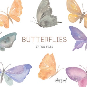 May include: A set of 17 watercolor butterfly illustrations in various colors, including purple, blue, orange, and gray. The butterflies are arranged in a random pattern on a white background. The text "Butterflies" and "17 PNG Files" is written in brown text below the butterflies.