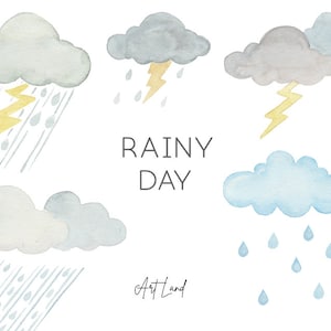 Watercolor Rainy Day Clipart – 18 Hand-Painted Rain PNG Files, Clouds, Thunder, Weather Clip Art Set, Instant Download, Free Commercial Use
