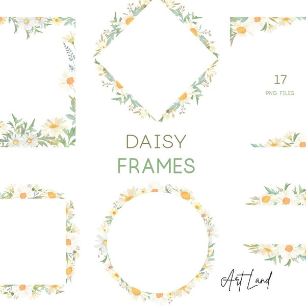 Watercolor Floral Clipart Frames Border Daisy Flower, Watercolour Clip Art Digital Download Free Commercial Use PNG, Daisy Frames