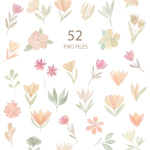 May include: A set of 52 watercolor flower illustrations in soft pink, peach, and yellow tones. The flowers are arranged in a repeating pattern on a white background. The text "52 PNG FILES" is in the center of the image.