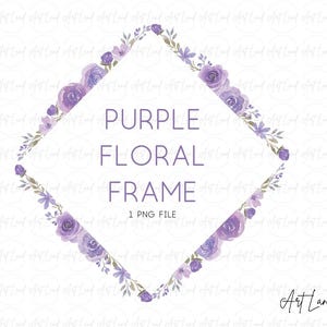 Moldura de diamante floral roxo aquarela PNG, clipart de borda de flor pintada à mão, coroa de diamante botânica, convite, cartão, download digital