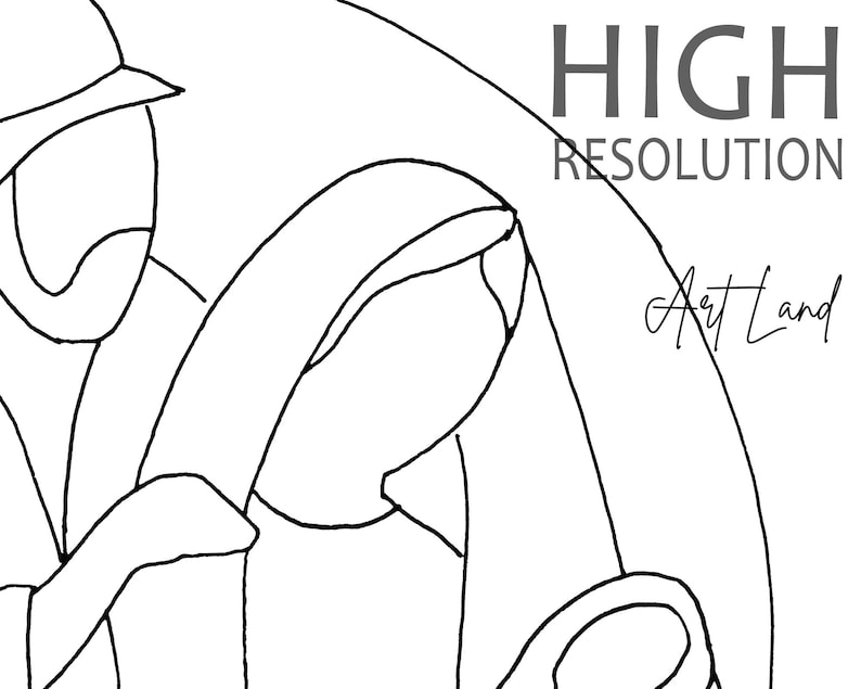 May include: Line art drawing of a family with a mother, father, and child. The drawing is in black and white and has a simple, minimalist style. The text "HIGH RESOLUTION" and "Art Land" are also included in the image.