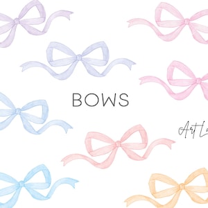 Watercolor Bows Clipart, Watercolor Clip Art, Files Hand Painted Bow PNG Watercolor Graphics, Pastel Ribbon Bow, Gift Bow Clipart, PNG