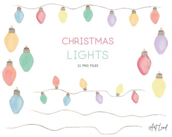 Christmas Lights Clipart, Hand painted Holiday Borders Digital, Watercolor Clipart, Holiday Light Clipart, Watercolor Clip Art, PNG