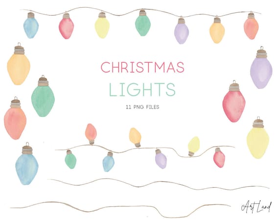 Watercolor Christmas Lights Clipart: 11 Hand-Painted Borders (PNG, Digital Download, Free Commercial Use, No-AI)