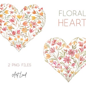Clipart de corazón floral en acuarela: 2 marcos de amor pintados a mano (PNG, descarga digital, uso comercial gratuito)