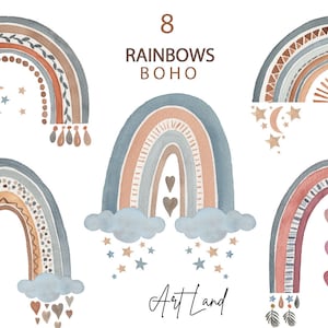 Watercolor Boho Rainbow Clipart: 8 Hand-Painted Rainbows (PNG, Digital Download, Free Commercial Use)
