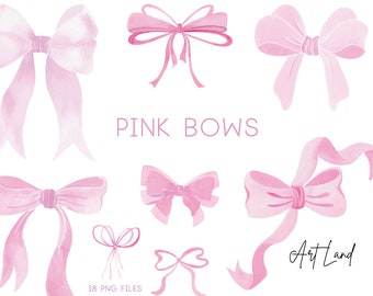 Watercolor Pink Bows Clipart – Hand Painted Ribbon Bows, PNG, Digital Download