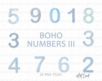 Könnte beinhalten: Aquarellzahlen in Blautönen, in Reihen angeordnet. Die Zahlen umfassen 5, 9, 0, 1, 8, 3, 4, 7, 6 und 2. Der Text "BOHO NUMBERS III" befindet sich zwischen den Zahlen. Die Wörter "16 PNG FILES" und "Art Land" sind ebenfalls vorhanden.
