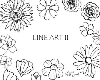 Clipart de flores em linha: 20 elementos desenhados à mão (SVG, PNG, download digital, uso comercial gratuito)