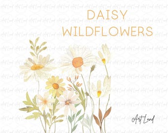 Clipart de margarita silvestre en acuarela: Ilustración de ramo floral pintado a mano (PNG, descarga digital, uso comercial gratuito)