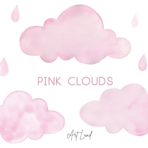 Hand-Painted Watercolor Cloud Clip Art Set, Pink Clouds and Raindrops, Watercolour Clipart, High-Resolution PNG, Free Commercial Use