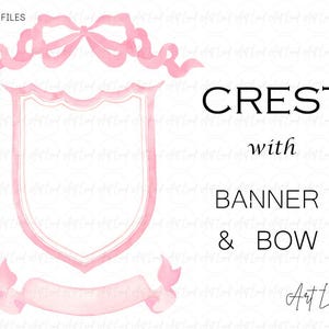 Watercolor Pink Crest, Banner & Bow Clipart - 3 Hand-Painted PNG Files, Invitations, Branding, Baby Shower, Wedding, Free Commercial Use