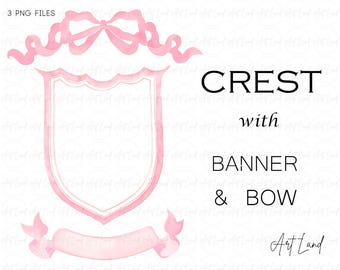Watercolor Pink Crest, Banner & Bow Clipart - 3 Hand-Painted PNG Files, Invitations, Branding, Baby Shower, Wedding, Free Commercial Use